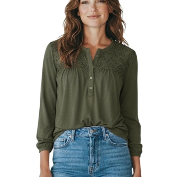 Lucky Brand Tops - LUCKY BRAND Dark Green Embroidered Cotton Peasant Blouse Top